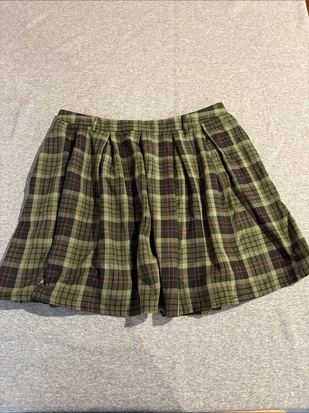 Thorn & Fable Olive Plaid Pleated Mini Skirt